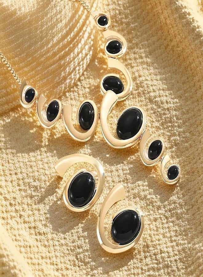 TACBSP Boho Gold Jewelry Set for Women Black Oval Gemstone Stud Earrings Necklace Set Double Rope Choker Necklaces Bracelet Set Western Cowgirl Jewelry Set Gifts (A.) - Image 4